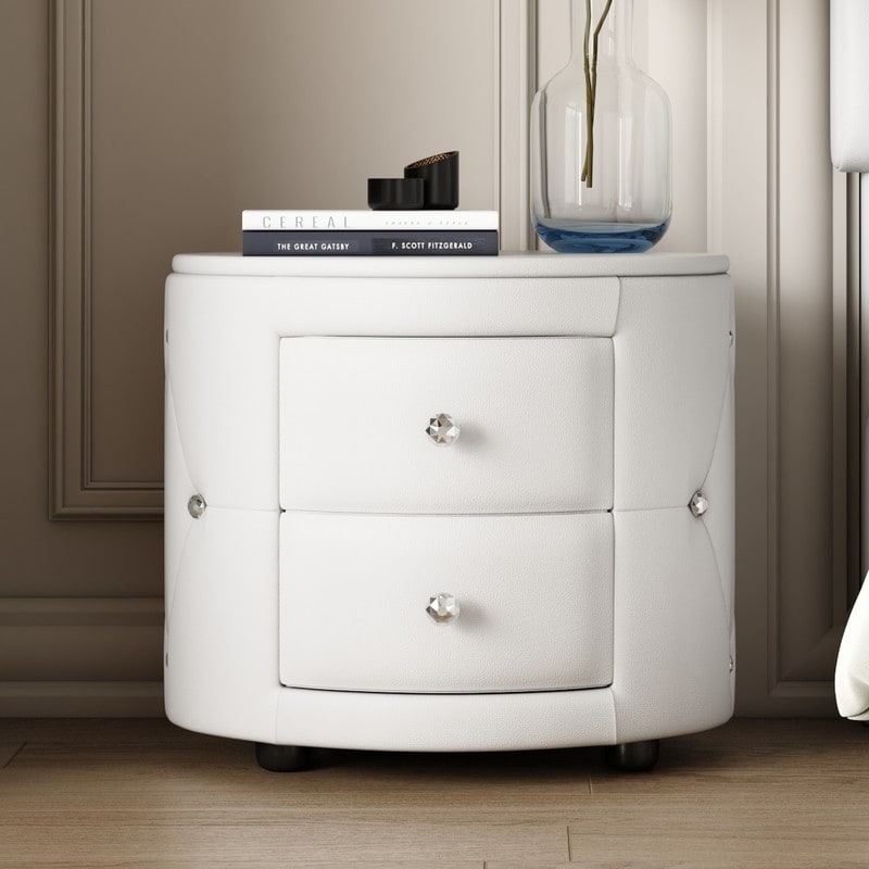 Elegant Style PU Nightstand with 2 Drawers and Crystal Handle