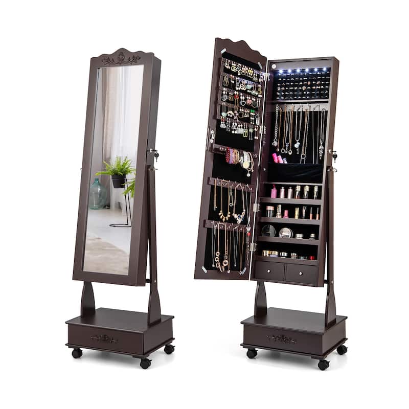 6 LED Floor Standing Jewelry Armoire Lockable Jewelry Organizer - Brown