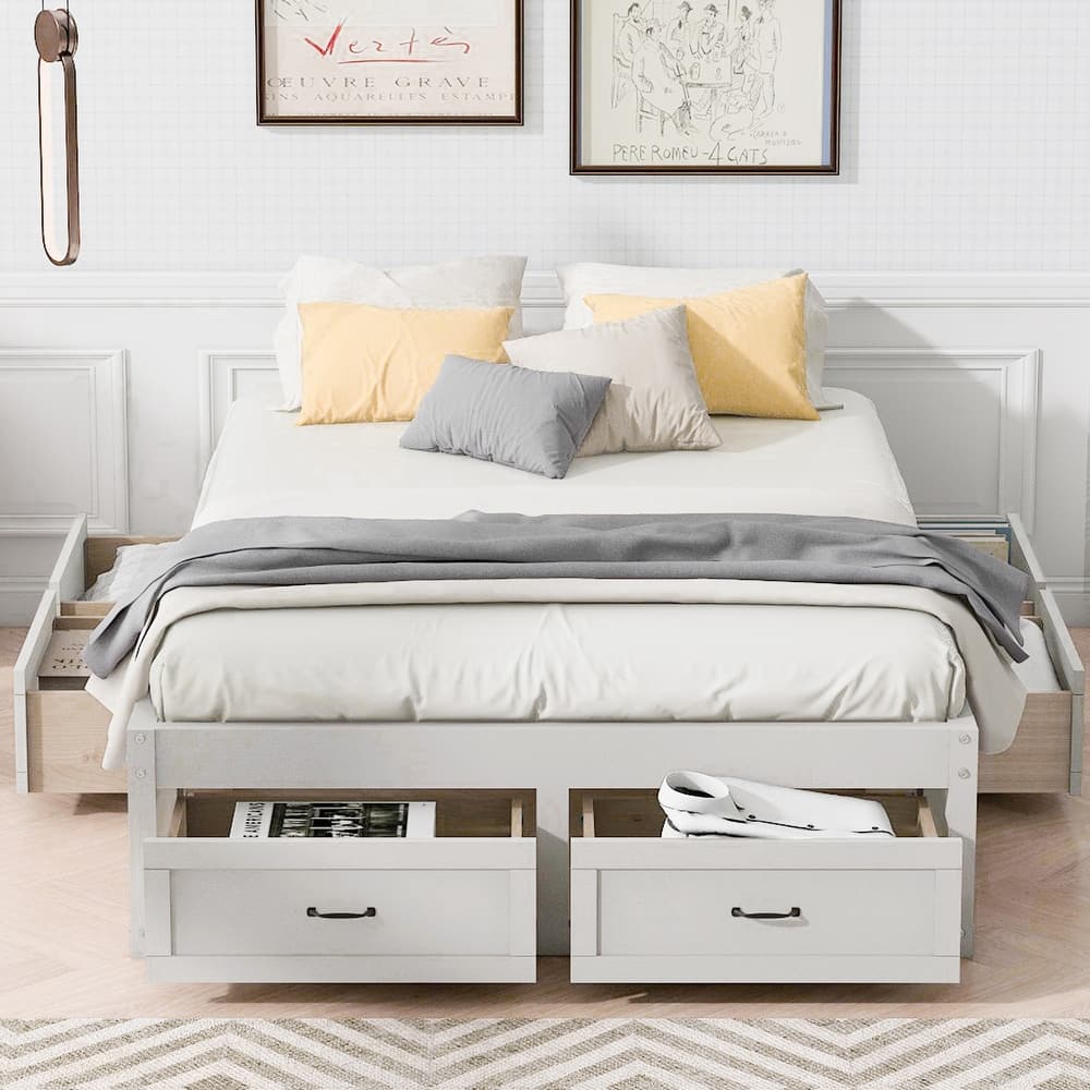 Storage-Functional Mattress Foundation Antique Finish Wood Platform Bed Frame Slat Support with Under-bed 6 Storage Drawers