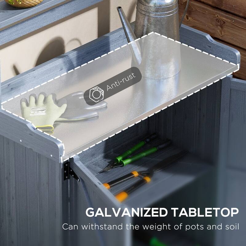 Potting Bench, Wooden Potting Table with Storage Cabinet with 2 Shelves, Garden Work Bench with Galvanized Plated Tabletop