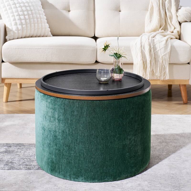 2-Piece Set Round Chenille Storage Ottoman, Equipped with a Drum Shaped Small Stool,Storage Space