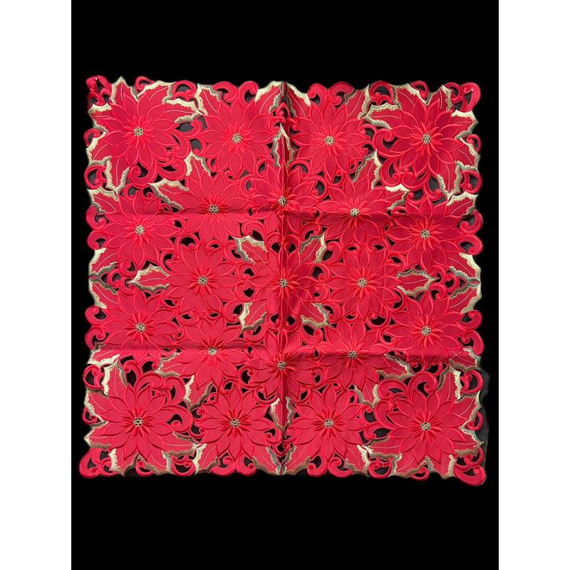 Poinsettia and Green Leaf Embroidered Cutwork Square tablecloth, 36 inch Square