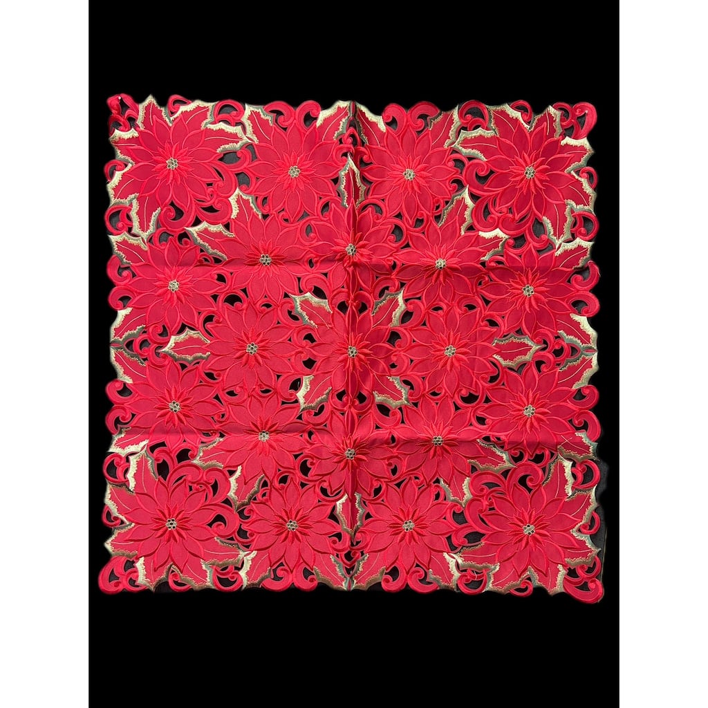 Poinsettia and Green Leaf Embroidered Cutwork Square tablecloth, 36 inch Square