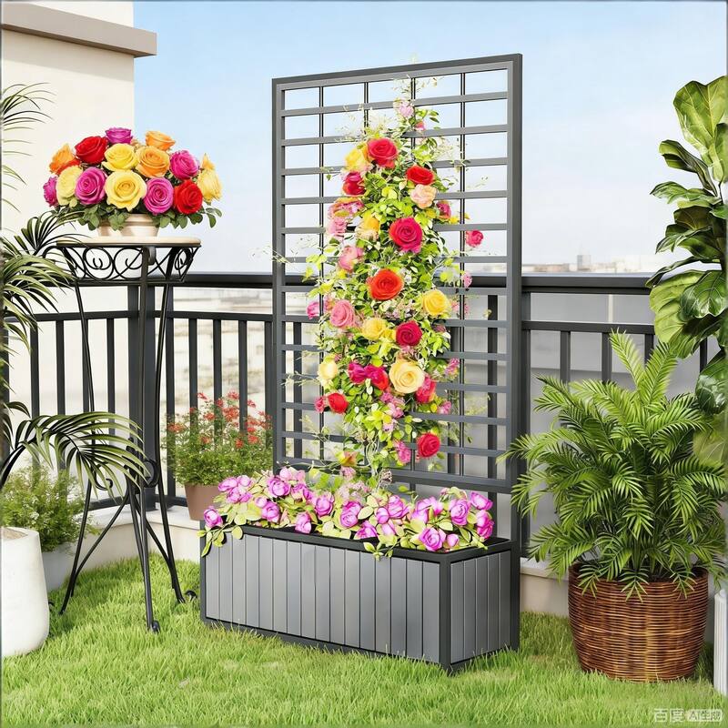 Outdoor Wood Planter Box Planter Pot with Trellis and Drainage Design - Gray