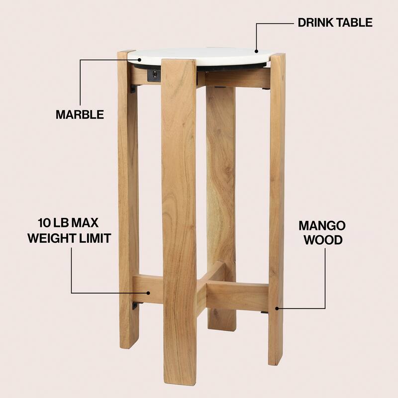 Elena 24″ Minimalist Structured Wood Drink & End Table, White Marble Round Top, By JONATHAN Y