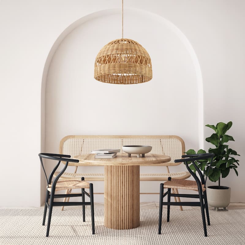 Radiant Rattan Pendant Light - Natural Dome 1-Light Handwoven Light Fixture For Modern, Transitional, Farmhouse Room Decor