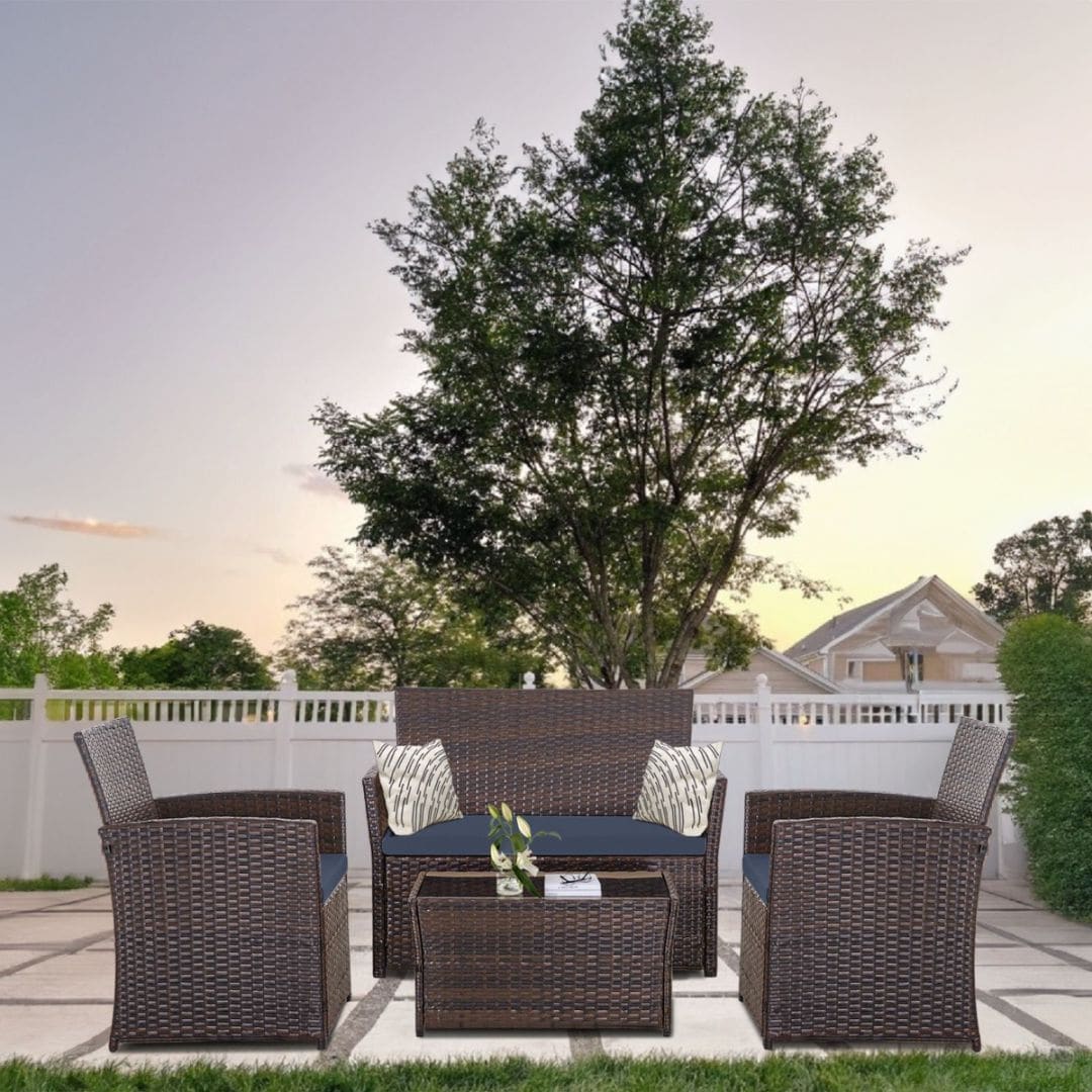 4-Piece Wicker Outdoor Sofa Set, 1 Loveseats, 2 Single Sofas, 1 Table