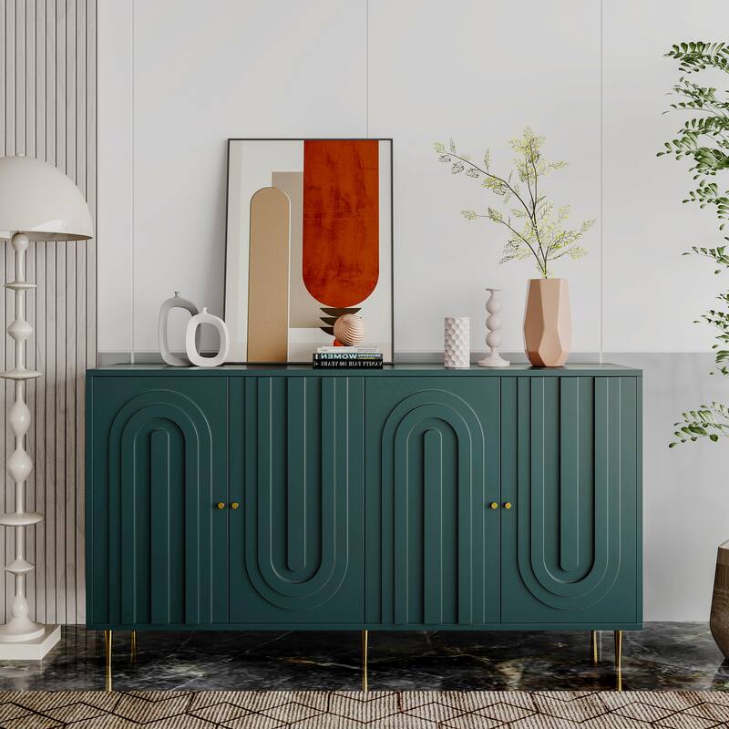 Sleek Gray Lacquered Wooden Sideboard‌ – 4-Door Storage Cabinet for Living Room, Dining Room & Office - Green