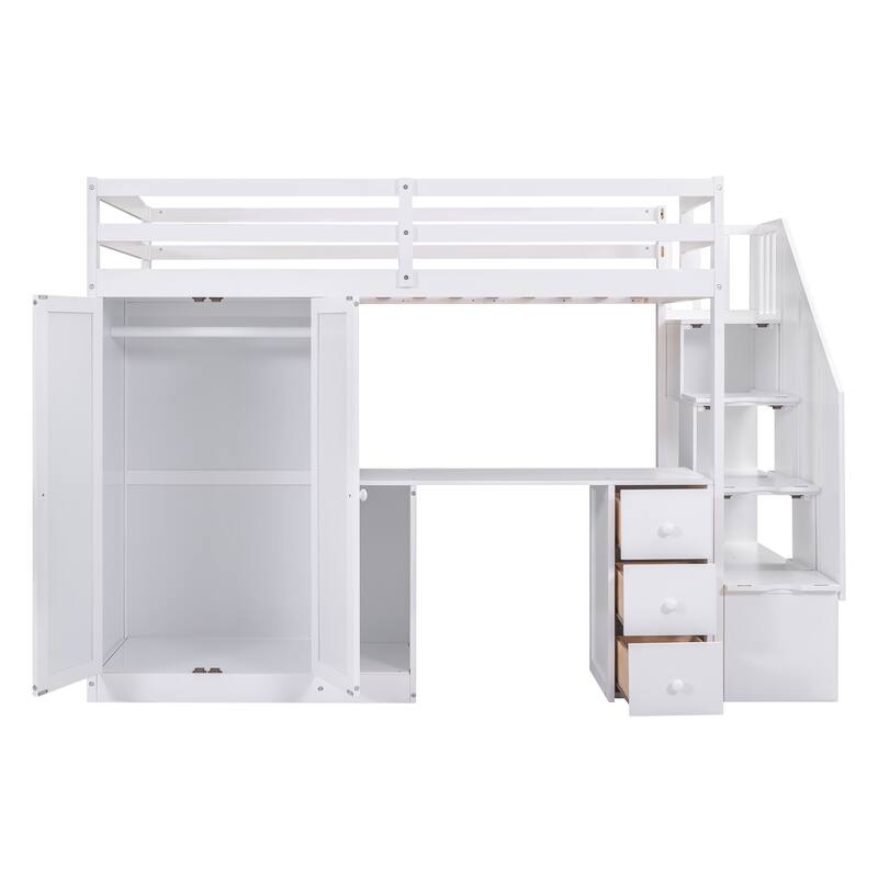 Twin Size Loft Bed with Wardrobe and Storage Staircase, Desk, Drawers, and White Bed