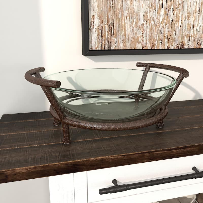 Tempered Glass Kitchen Serving Bowl with Brown Metal Base - Clear - Roche River Decor