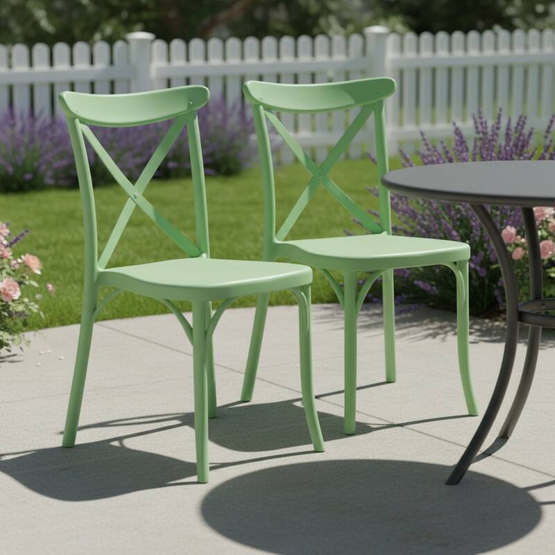 HomeRoots Set of Two Green Heavy Duty Plastic Outdoor Stacking Dining Chairs