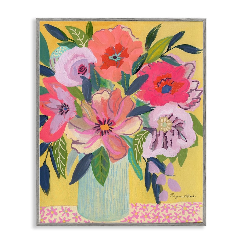 Stupell Vibrant Pink Bouquet on Yellow Framed Giclee Art Design By Suzanne Allard - 11 x 14 - Grey