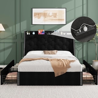 Full Size Bed Frame with 4 Storage Drawers & Charging Station ...