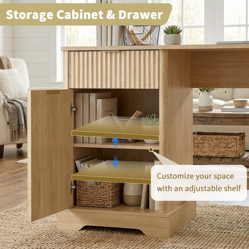 59" Modern Fluted L-Shaped Desk with Charging Station & Storage Cabinet Home Office Computer Desk with Monitor Stand