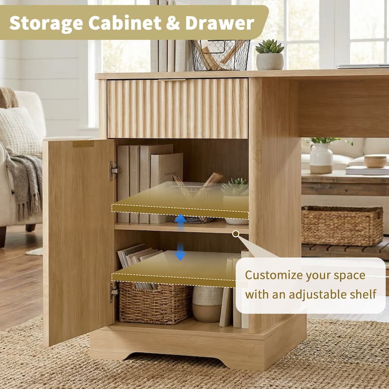 Executive L Shaped Desk Home Office Desk with Charging Station, Corner Computer Desk with Monitor Stand, Drawer, Storage Cabinet