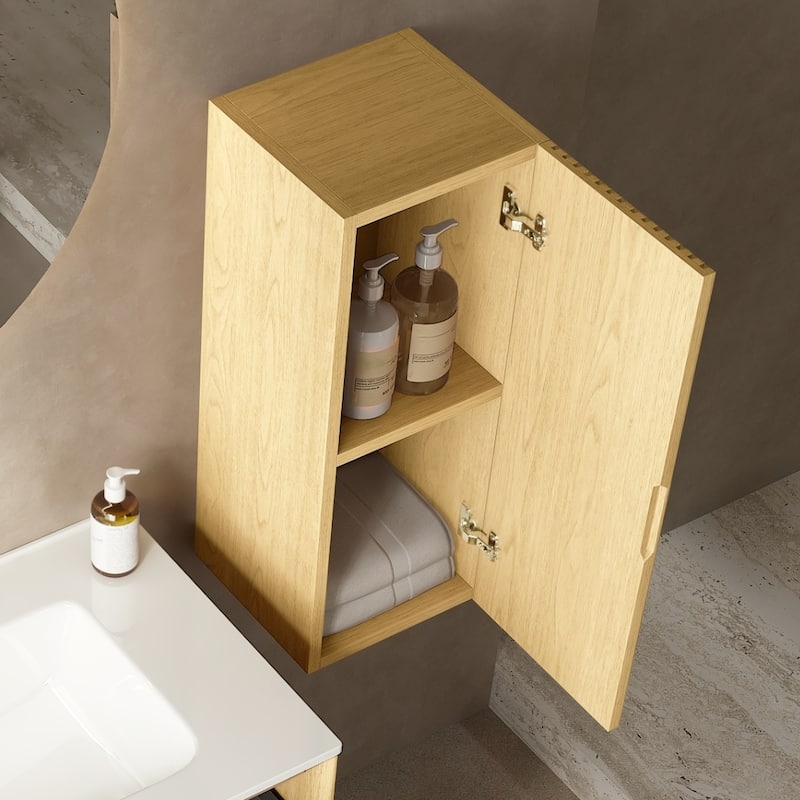 GDFStudio - Boi 12" Wall-Mounted Floating Striped Bathroom Vanity Side Cabinet with Door & Shelf, Corolla Oak Woodgrain Finish