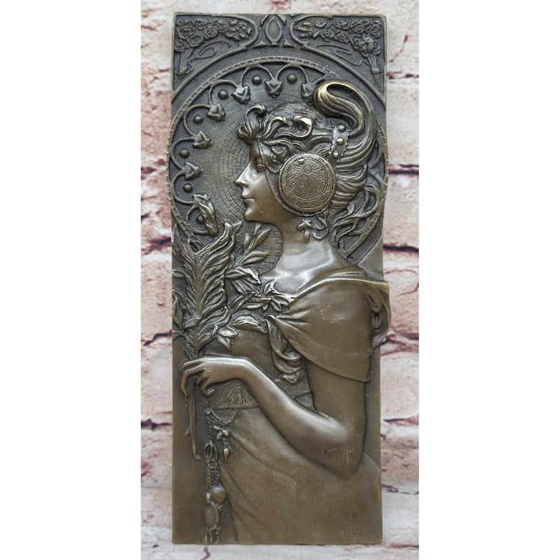 Art Noveau Girl Portrait Bas Relief Bronze Sculpture Carving Hanging Art 9.5 Inches X 4 Inches