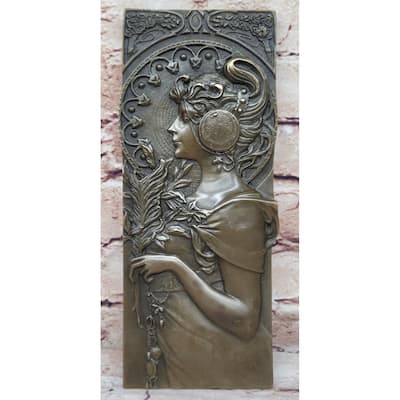 Art Noveau Girl Portrait Bas Relief Bronze Sculpture Carving Hanging Art 9.5 Inches X 4 Inches