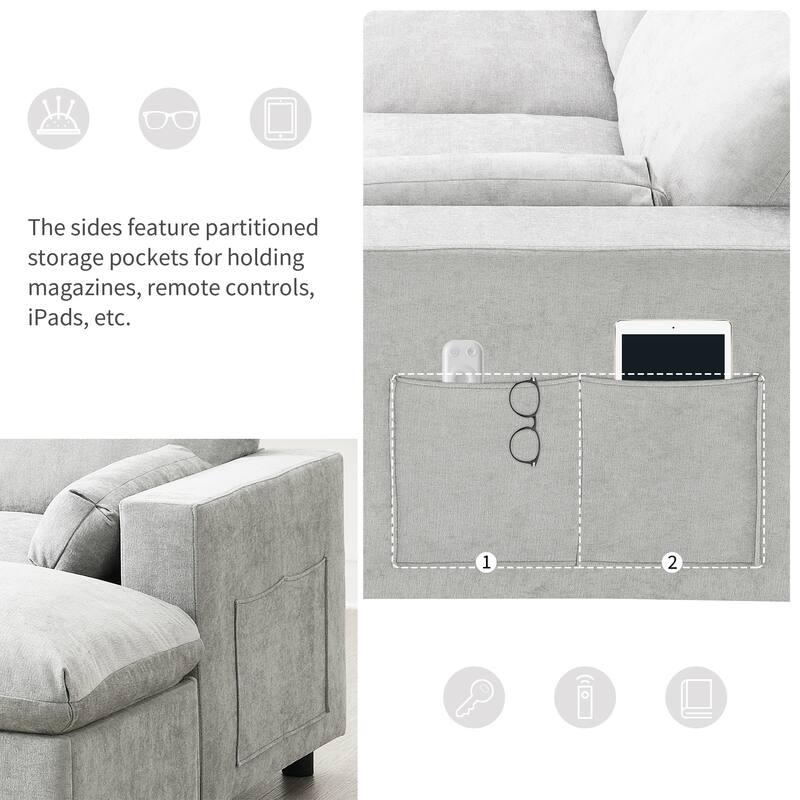 86.5" Chenille Modular Sofa with Storage Pockets, Movable Ottomans