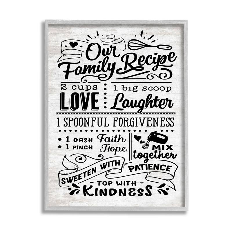 Stupell Our Family Recipe Motivational Kitchen Phrases Life Ingredients Framed Wall Art - 24 x 30 - Grey