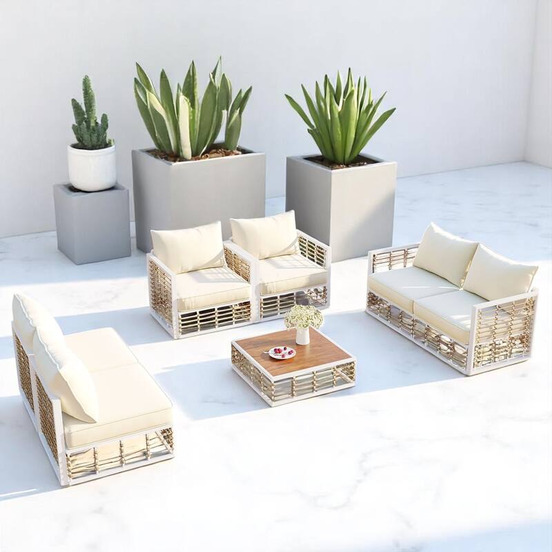 7-Piece Outdoor Sofa Set with All-Weather Garden Conversational Furniture Set, Cushions-Patio Sectional Sofa Set - White