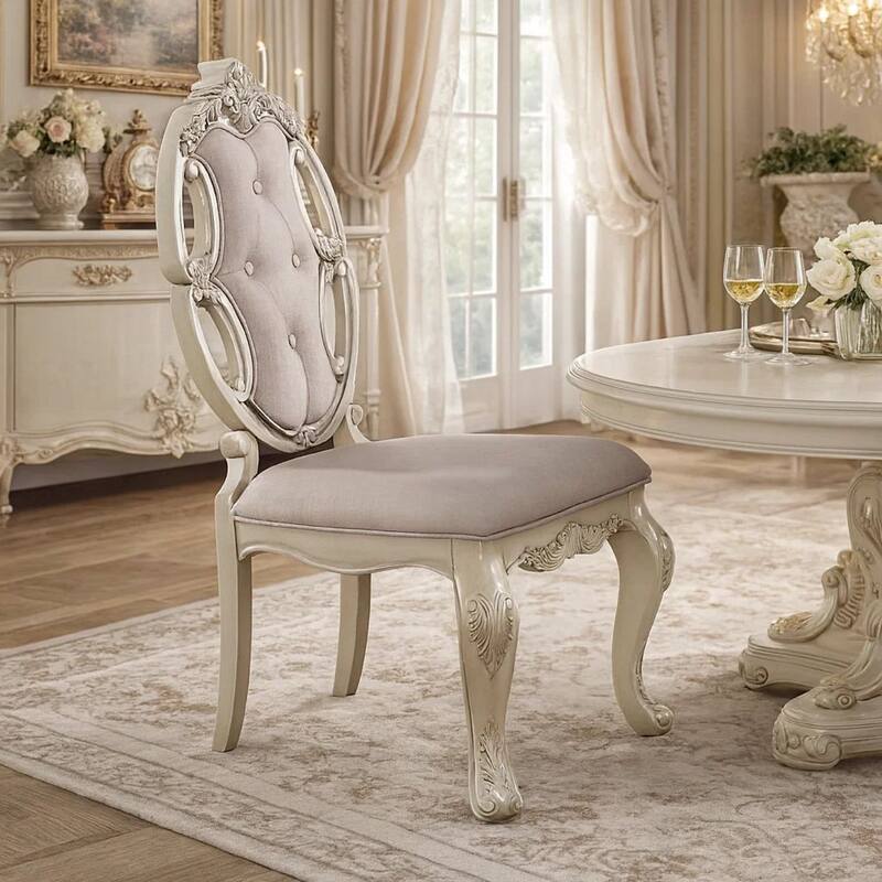 Fabric Upholstered Wooden Side Chair with Button Tufted Back, White, Set of Two