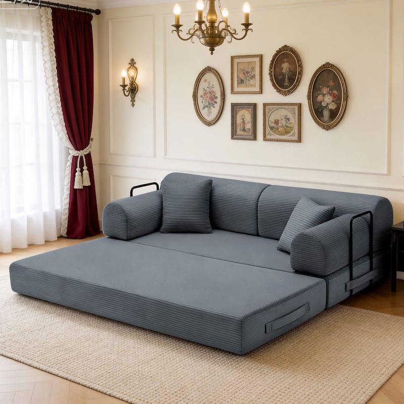 Convertible Sleeper Sofa Bed Corduroy Folding Mattress Couch with Fixed-Shape Frame