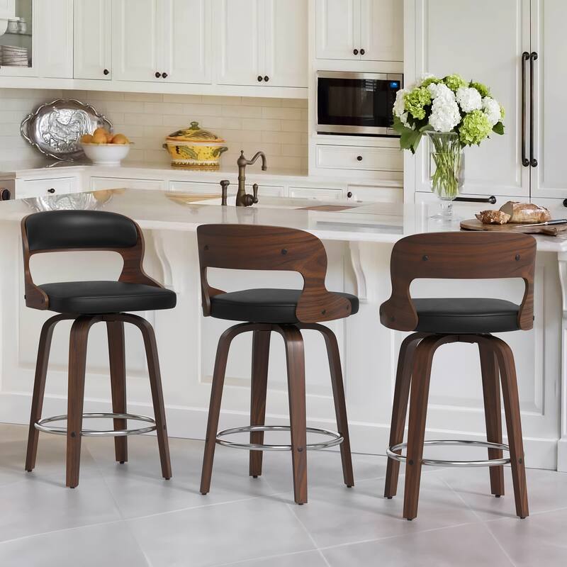 26.in Modern Set of 3 Leather Bar Stool Swivel Upholstered Hollow Back Counter Height Barstool with Wood Frame - Black