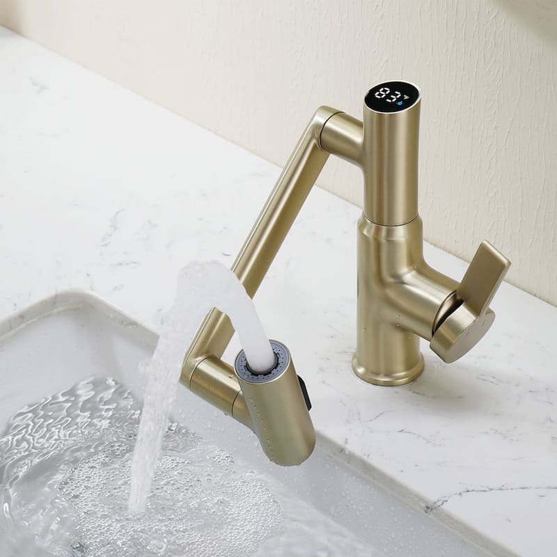 Lefton Rotatable Bathroom Faucet with Temperature Display in Fahrenheit (Batteries-Free), BF2204 - Brushed Gold