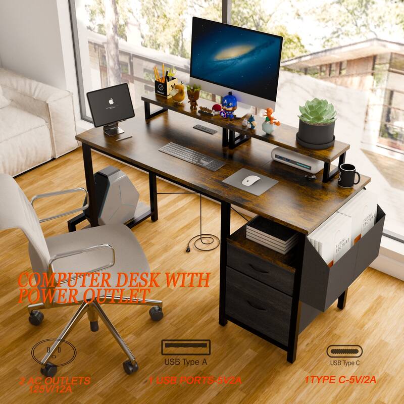 Computer Desk with Drawer and Power Outlets, 47" Office Desk