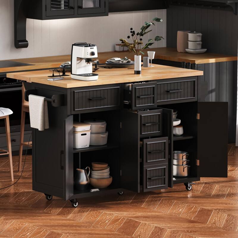 56.5'' Kitchen Island with Drop Leaf, Power Outlet, Embossed Vertical Stripe and Adjustable Shelves - Black