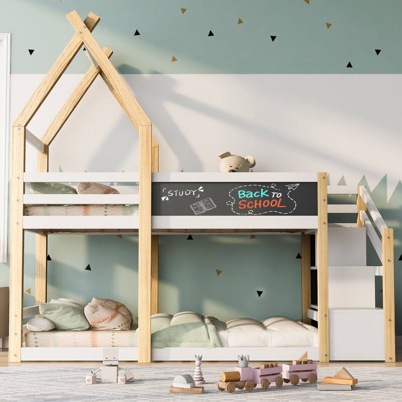 House Bunk Bed with Storage Staircase and Blackboard