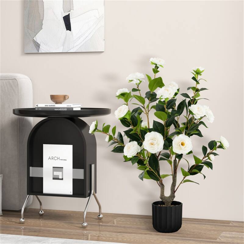 Set of 2 Artificial Camellia Trees 36 Inch Lifelike Indoor Decorative Plants with Cement Pots - 5" x 36"
