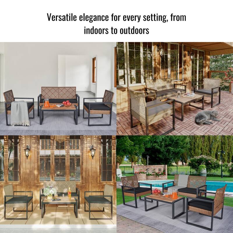 4-Piece Outdoor Patio Furniture Set with Rattan - Includes Double Chair, 2 Single Chairs, Coffee Table,Garden Conversation Set
