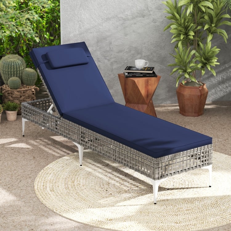 Mixed Grey Rattan Chaise Lounge Chair with Navy Blue Cushion, Adjustable Backrest - 76.5" x 21.5" x 12.5"