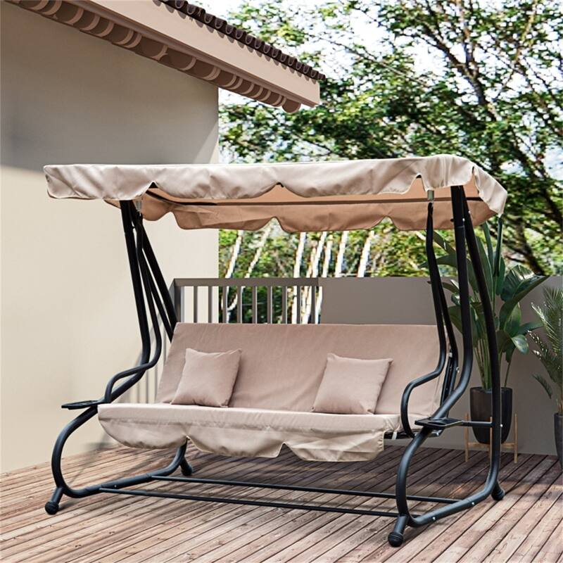 Convertible Patio Swing Bench with Steel Frame and Soft Cushions Pillows Canopy and Cup Holders - 78.75" L x 47.25" W x 64.5" H