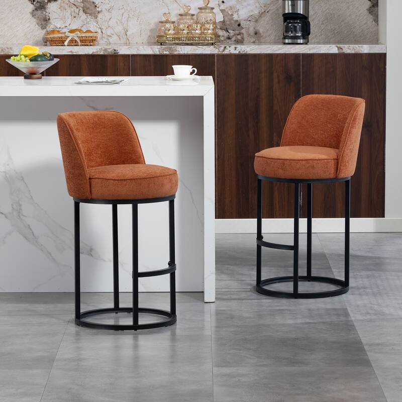 Counter Height Bar Stools Set of 2, Modern Barrel Counter Stools with Backrest, Linen Fabric Upholstered Accent Bar Stools