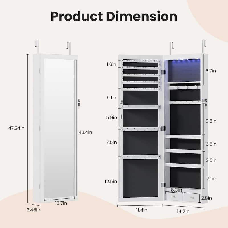 White Wood Wall or Door Mounted 14 in. W Lockable Jewelry Armoire with Full Length Mirror
