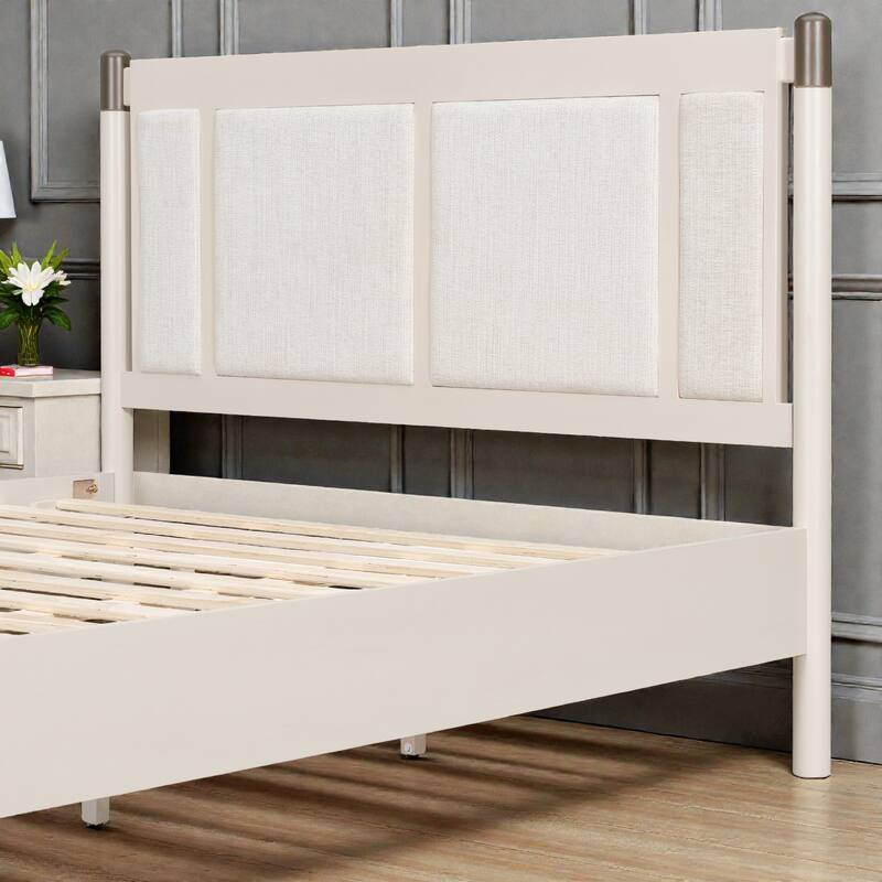 Solid Wood Platform Bed with Upholstered Headboard and Metal Handles, Heavy Duty 500 lbs Support, No Box Spring