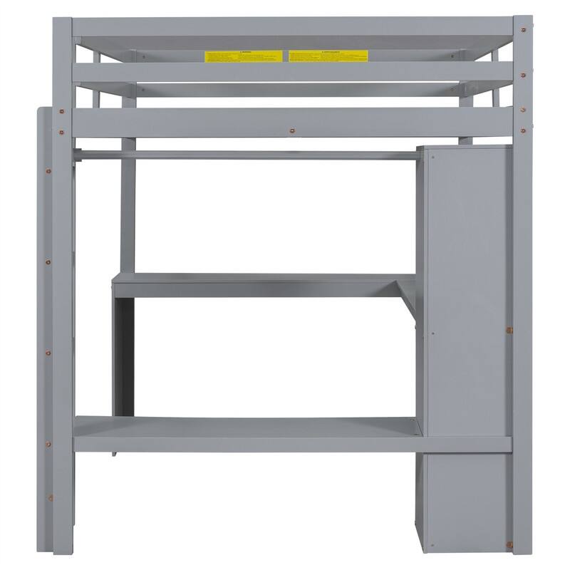 Solid Wood Loft Bed with Bulit-in L-Shaped Desk, Wardrobe and Hanging Rod, Twin/Full Size Loft Bedframe with Storage Shelves