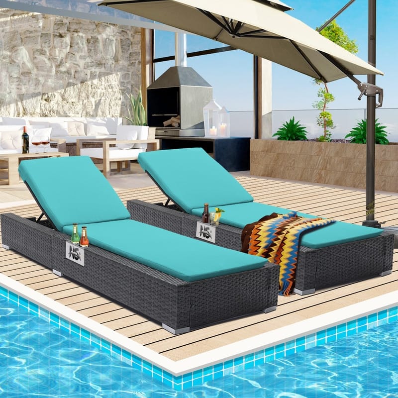 FINCATI Outdoor Oversized Chaise Lounge Chair, 500 lbs Luxury Patio Adjustable 5-Position Wicker Lounger for Pool (Set of 2) - Teal