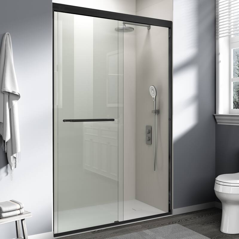 ABRUZZO 44-48" W x 72" H Semi-Frameless Double Sliding Tempered Glass Shower Door with Dual Towel Bars