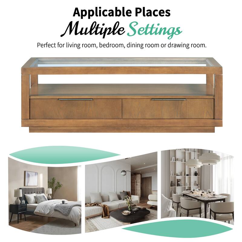 Coffee Table with Transparent Tempered Glass and 2 Drawers, Center Table with Open Storage Shelf