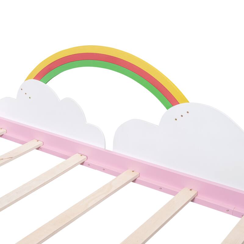 Twin Size Rainbow Storage Bed Children's Wood Platform Bed Frame with 2 Clouds Shaped Drawers & Headboard, Pink+White