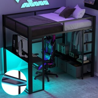 Full Size Metal Loft Bed with LED Lights, Desk, Storage Wardrobe, and 3 ...