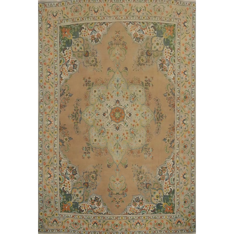 Hand Knotted Oriental 100% Wool Carpet Traditional Medallion Peach Tabriz Area Rug - 12' 4'' X 9' 6''