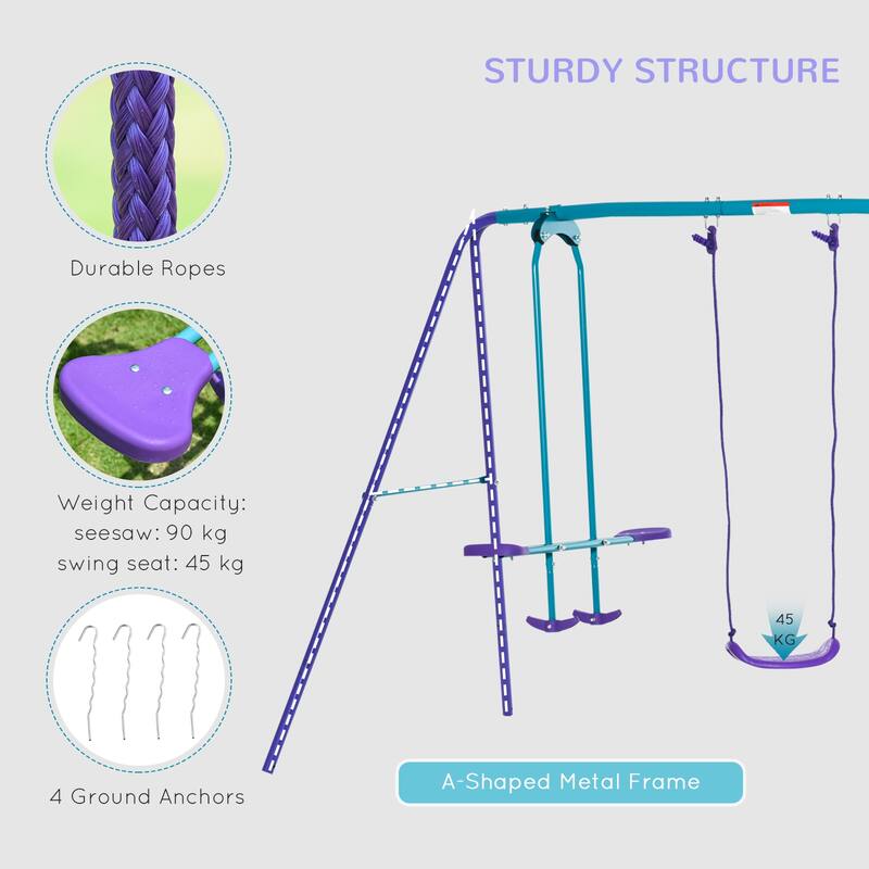Metal Swing Set with Glider,Two Swing Seats and Adjustable Height,Outdoor Heavy Duty A-Frame Suitable for Playground - Purple