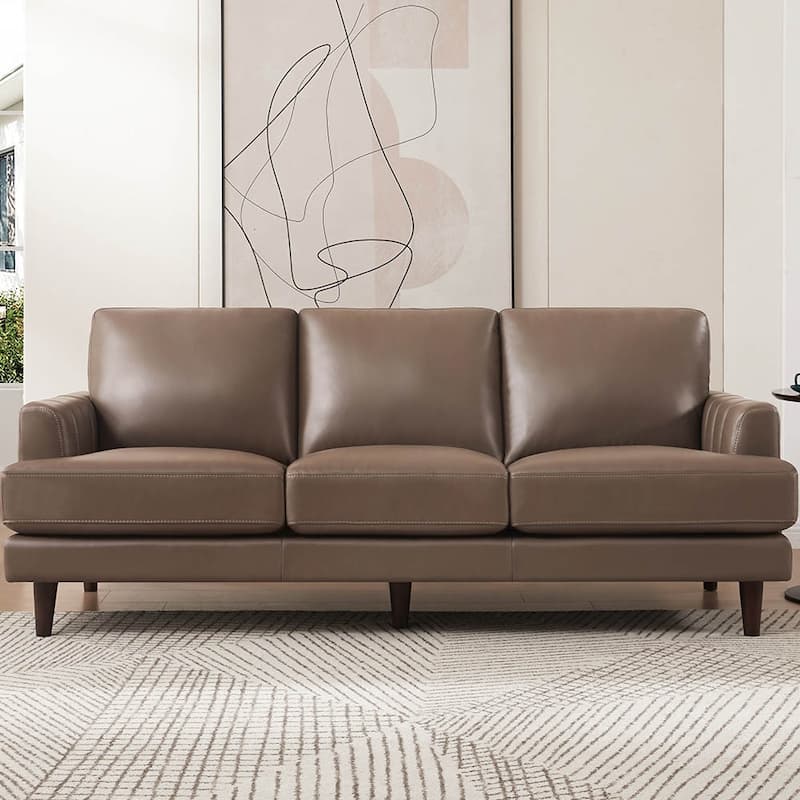 Ivy Living Cassia Top Grain Leather Sofa With Feather, Memory Foam and Springs - Granite Brown