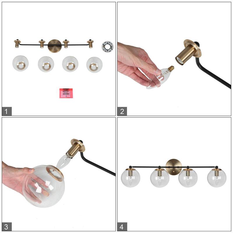 Modern 4-Light Black Gold Bathroom Vanity Lights with Globe Glass Shades