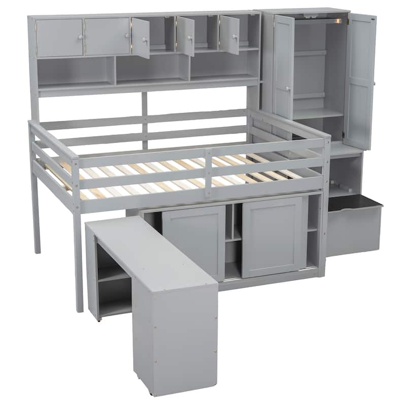 Wooden Loft Bed with Integrated Wardrobe, Under-bed Desk, Drawers, with Shelves